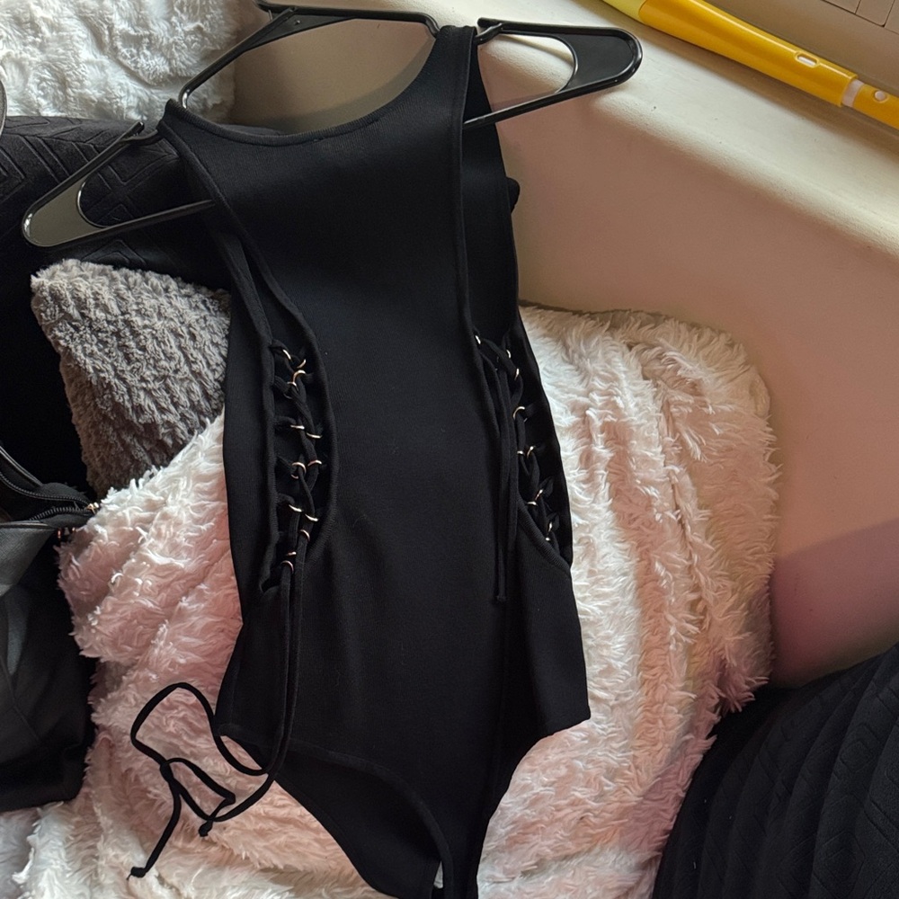 Vintage Bebe Black bandage Tank Top with lace up sides